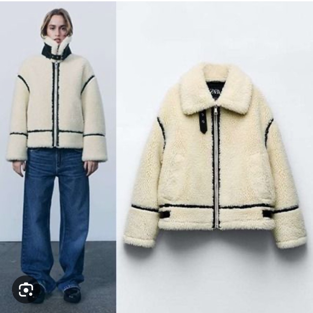 Zara Off-White Sherpa Jacket with Dark Trim - Picture 3 of 3